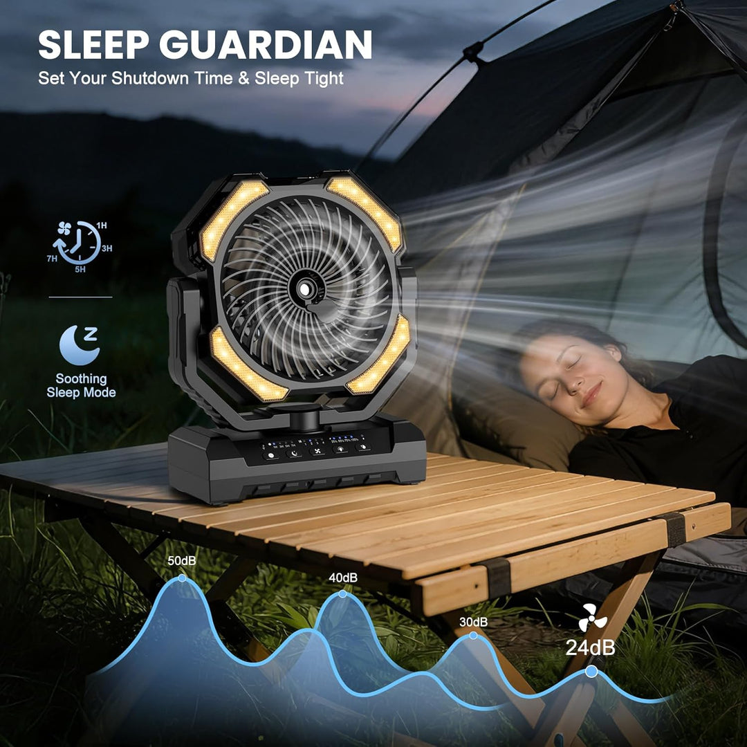 Camping Ventilator mit Sprühkühlung，Akku 20000 mAh & Fernbedienung, 250ml Tank, LED Licht, Aufhängeh