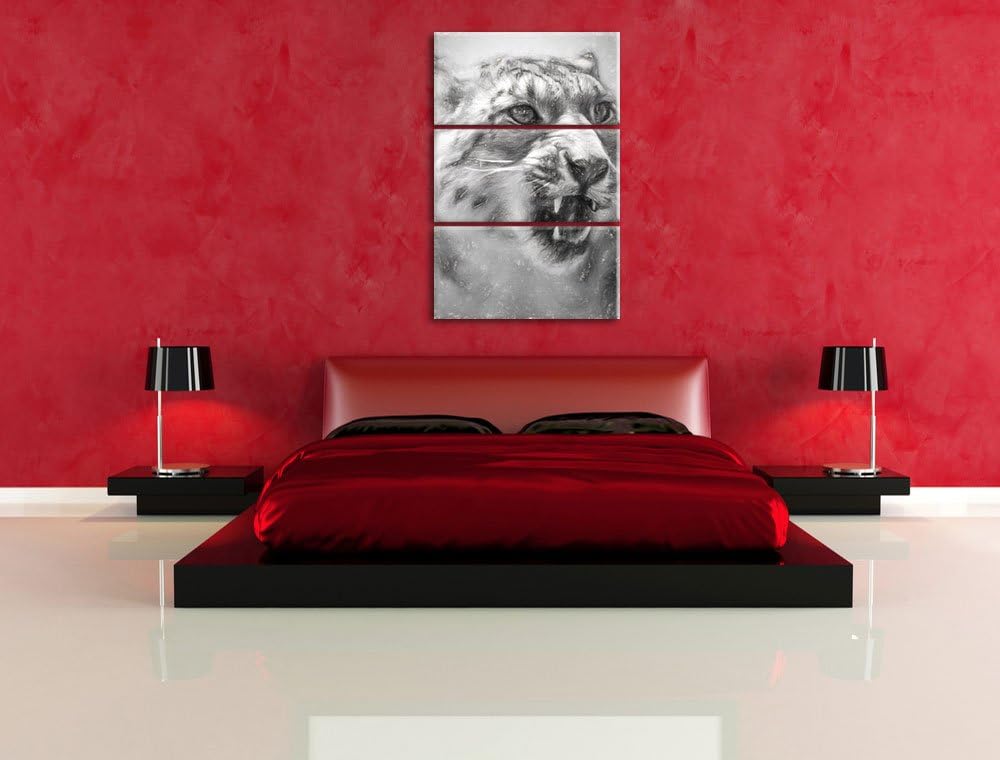 Schneeleopard zeigt Zähne Spezial 3-Teiler Leinwandbild 120x80 Bild auf Leinwand, XXL riesige Bilder