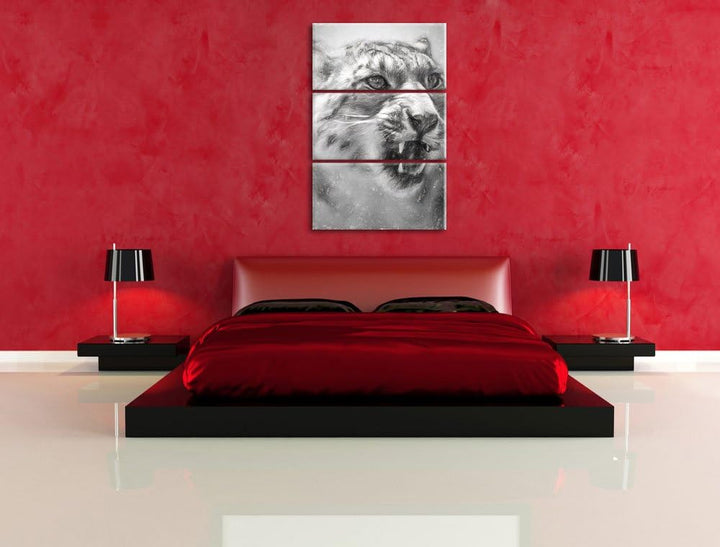 Schneeleopard zeigt Zähne Spezial 3-Teiler Leinwandbild 120x80 Bild auf Leinwand, XXL riesige Bilder