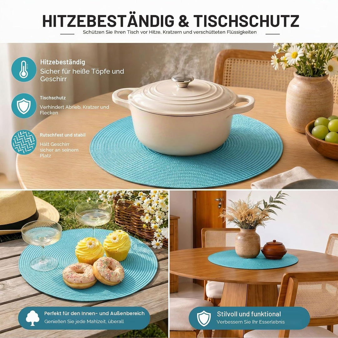 FunWheat Runde geflochtene Tischsets Set mit 6 Tischsets für Esstische, gewebt, waschbar, rutschfest
