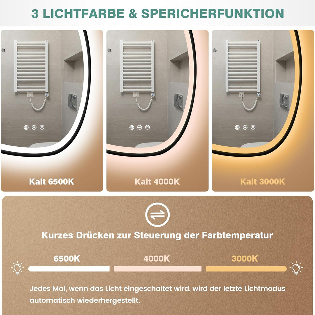 PESENXAN Asymmetrischer Spiegel mit Beleuchtung, LED Badspiegel 83x60 cm mit Touch-Schalter – Antibe