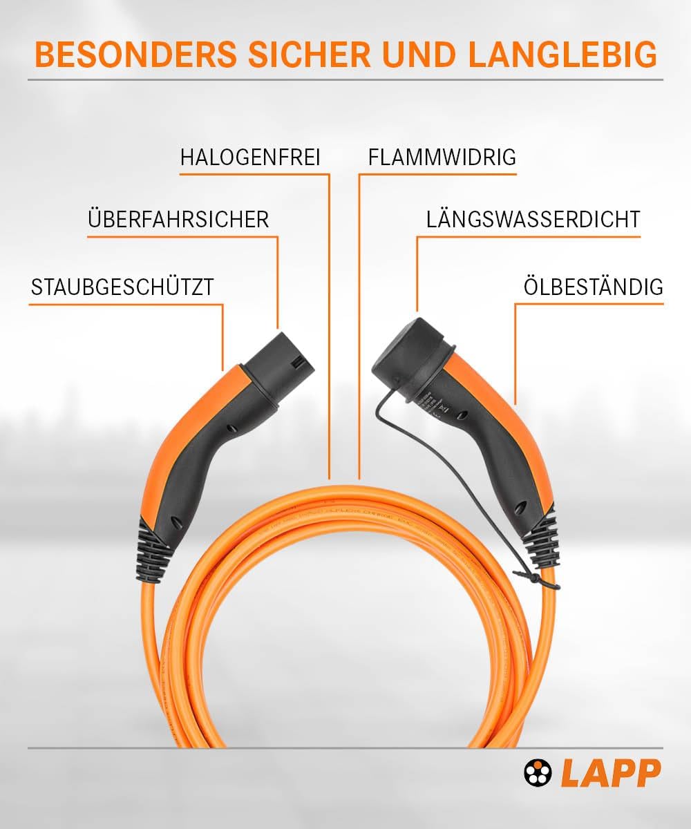 Lapp Mobility Typ 2 Ladekabel 7,4 KW/Glatt / 32 A / 1-Phasig/E-Auto Ladekabel/Mode 3 / 5m 5 Meter Or