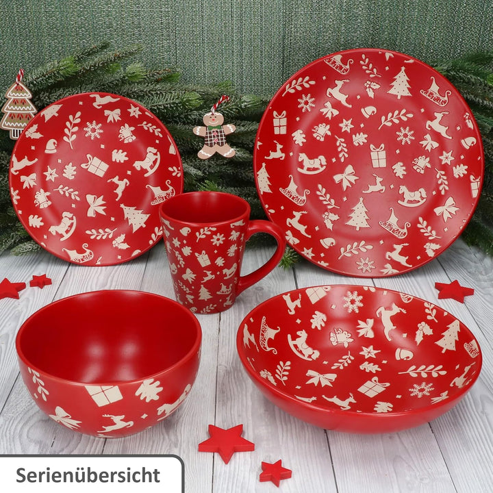 MamboCat 6er Set Advent Suppenteller I 480ml I winterliche Tiefe Teller aus Steingut in Rot mit Weih