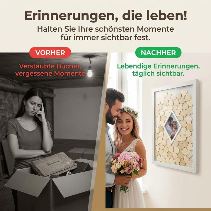 Jandiklee Gästebuch Holzrahmen inkl. Herzen aus Holz für Hochzeit, Taufe, Geburtstag (Fotorahmen Dia