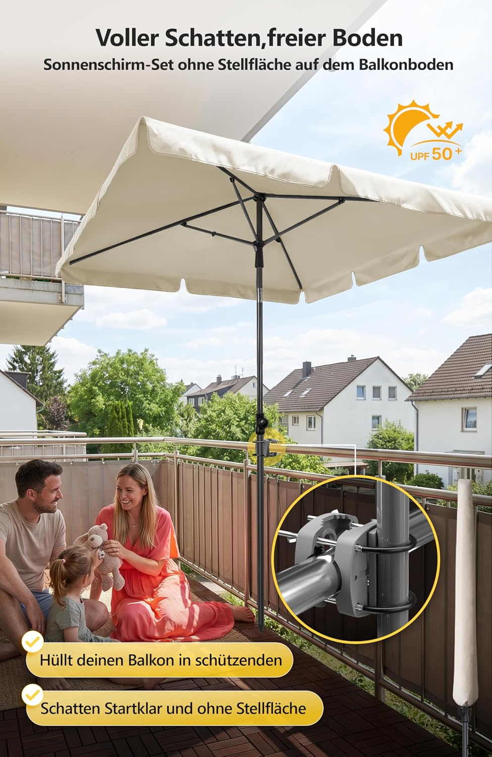 4smile Sonnenschirm Balkon im Set – Sonnenschirm rechteckig 210×140 cm, UV 50+ Sonnenschutz Balkon,