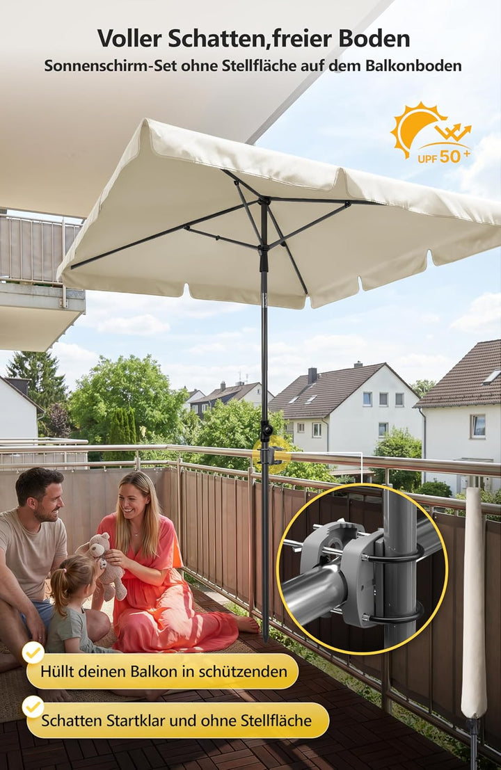 4smile Sonnenschirm Balkon im Set – Sonnenschirm rechteckig 210×140 cm, UV 50+ Sonnenschutz Balkon,