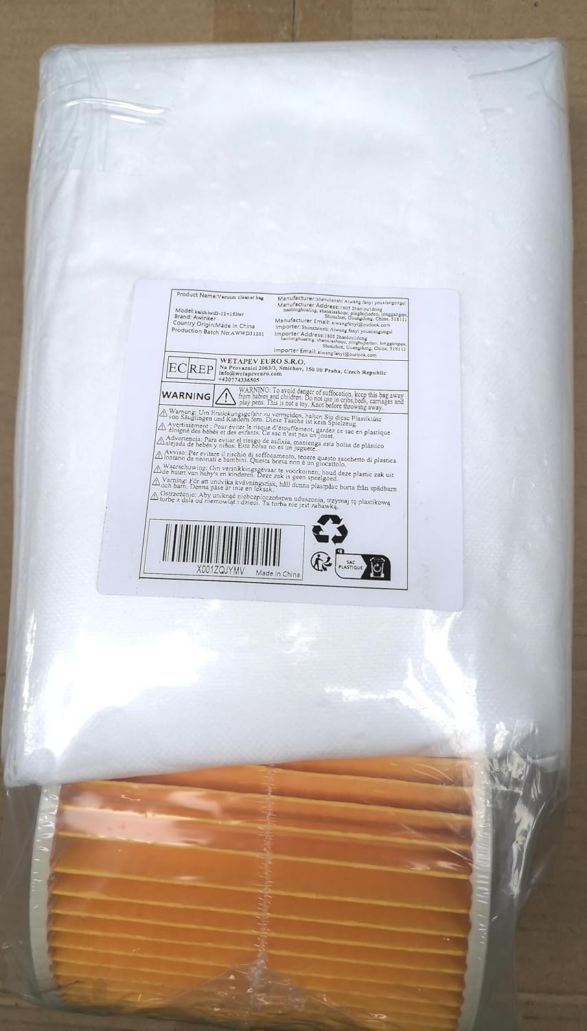 12 Staubsaugerbeutel und 1 Filter für Kärcher KFI 357, WD2, WD 2 Plus, WD 3, KWD 1-3, SE 4001, SE 40