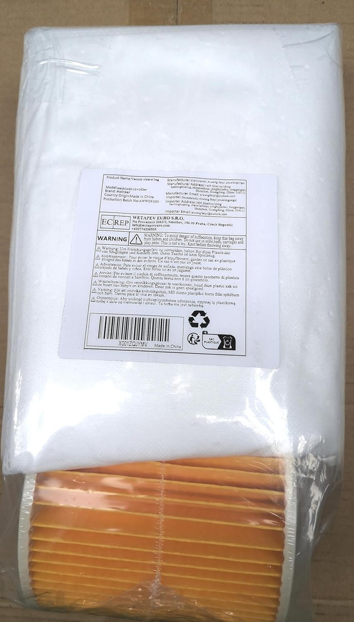 12 Staubsaugerbeutel und 1 Filter für Kärcher KFI 357, WD2, WD 2 Plus, WD 3, KWD 1-3, SE 4001, SE 40