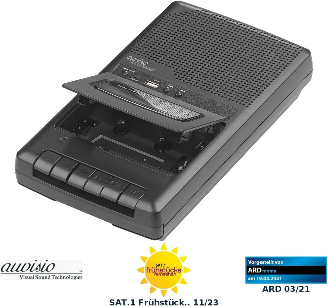 auvisio Kassettenrekorder: Mobiler Kassettenspieler & USB-Digitalisierer, Lautsprecher & Mikrofon (K