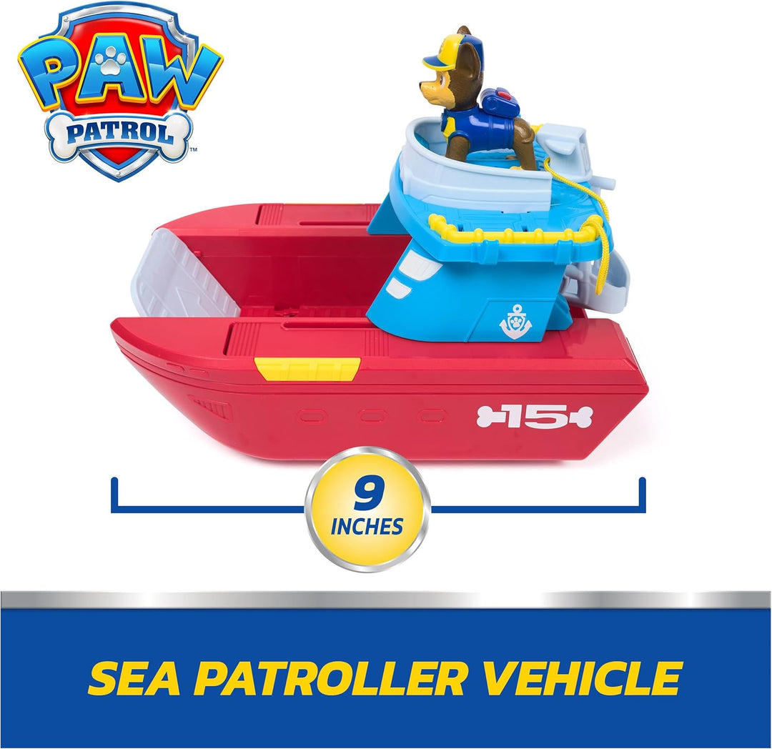 AW Patrol – Sea Patroller Rettungsboot mit Chase Figur und Hai, ca. 23 cm, 2 Einsatzmodi Wasser & La