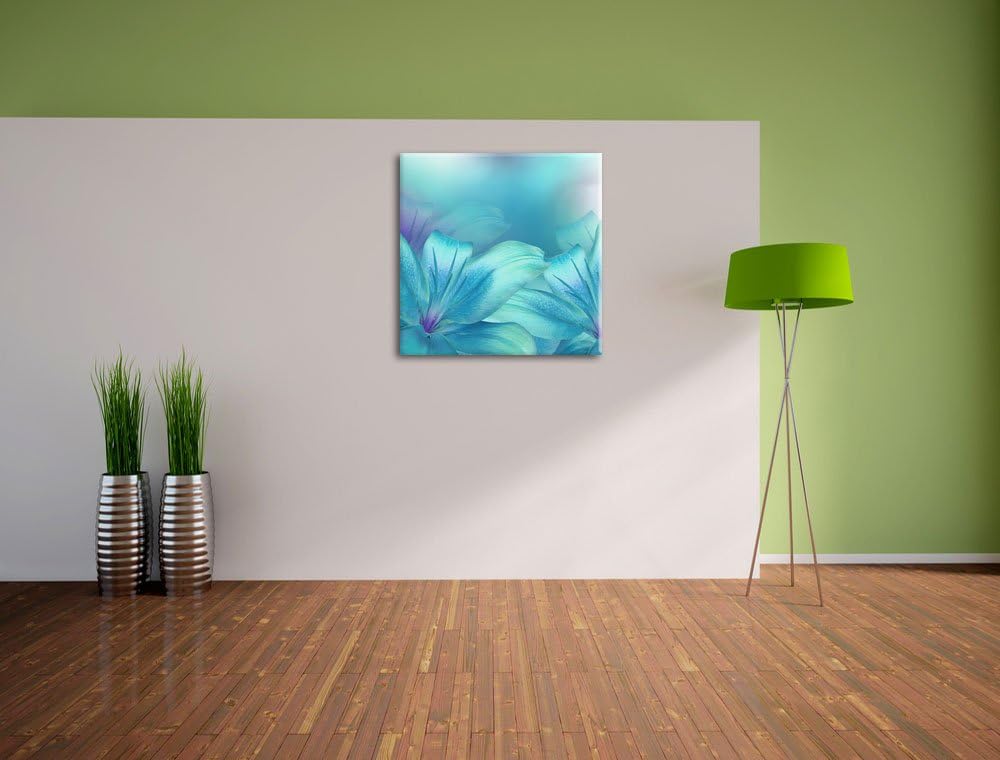 Pixxprint türkise Lilien, Format: 70x70 auf Leinwand, XXL riesige Bilder fertig gerahmt mit Keilrahm