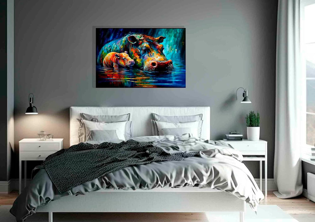 Artley Prints - Nilpferd im Teich mit Kleinkind Abstrakt Leinwandbilder für Wohnzimmer, Schlafzimmer