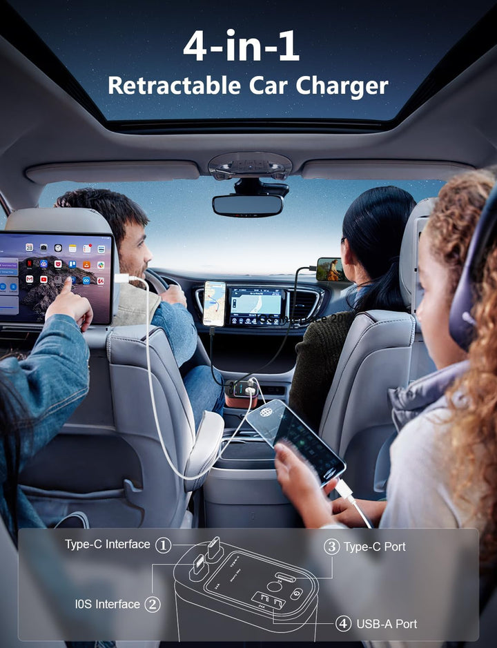 4 in 1 Zigarettenanzünder USB C 69W Auto Ladegerät Adapter, Einziehbares Sternenhimmel Auto Zubehör,