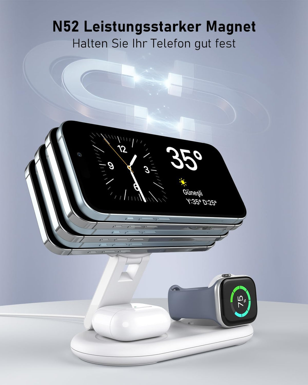 Tragbare 3 IN 1 Ladestation kompatibel mit Apple Watch und iPhone, Mag-Safe Ladegerät für iPhone 17