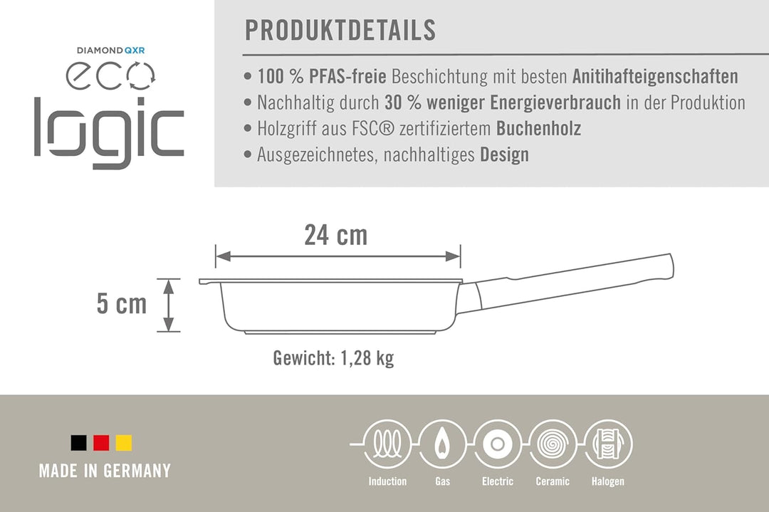 Woll Eco Logic QXR Guss-Flachpfanne - Induktiv -, Ø 24 cm, 5 cm hoch, mit festem nachhaltigem Holzst