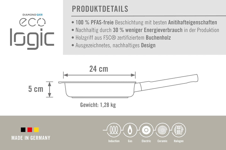 Woll Eco Logic QXR Guss-Flachpfanne - Induktiv -, Ø 24 cm, 5 cm hoch, mit festem nachhaltigem Holzst