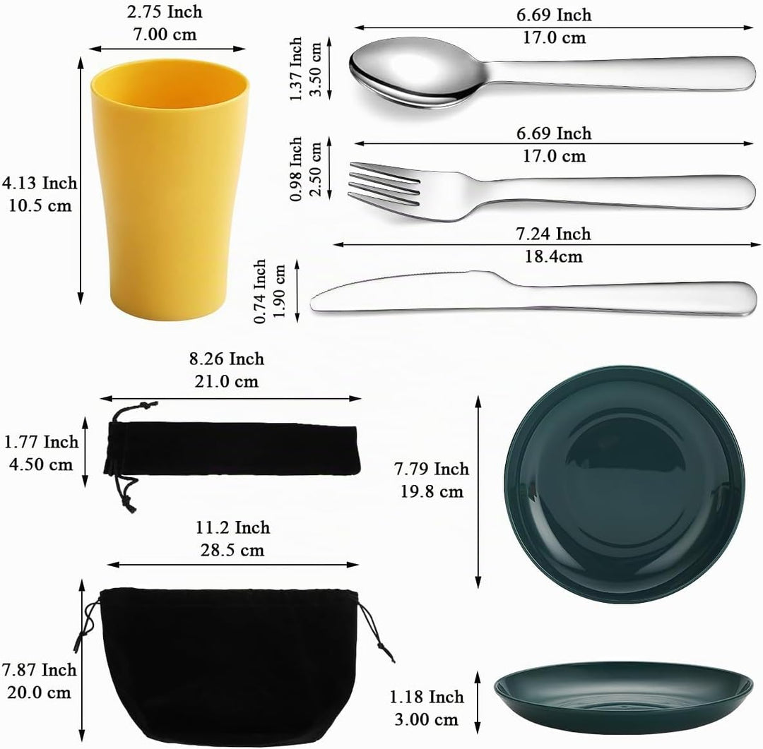 Evanda Camping Besteck Set 10 teilig, wiederverwendbarer leichter Becher, Teller und Edelstahlbestec