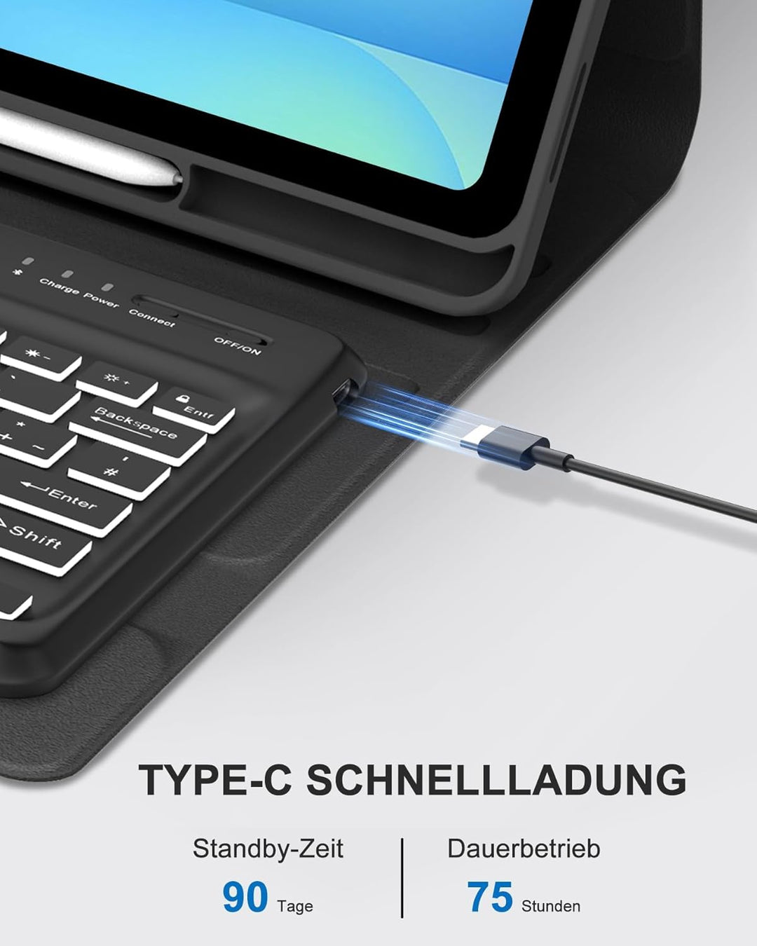 Für Galaxy Tab S10 FE Plus Hülle mit Beleuchteter Tastatur – 7-Farben RGB-Hintergrund, QWERTZ Deutsc