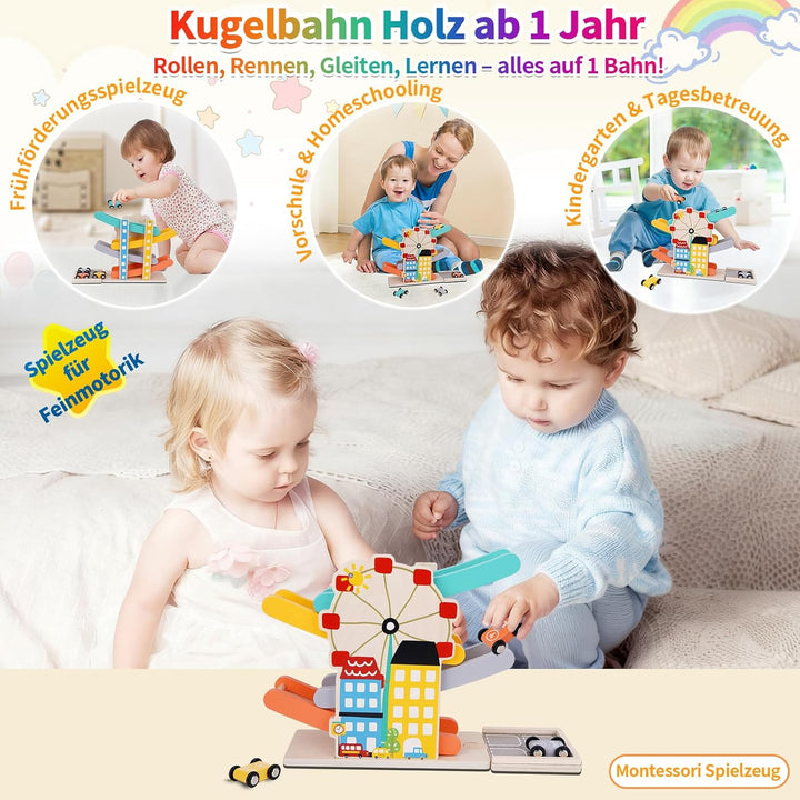 FCSONU Kinder Montessori Spielzeug ab 1-4 Jahre, Autorennbahn/Murmelbahn/Kugelbahn Holz ab 1 Jahr, K