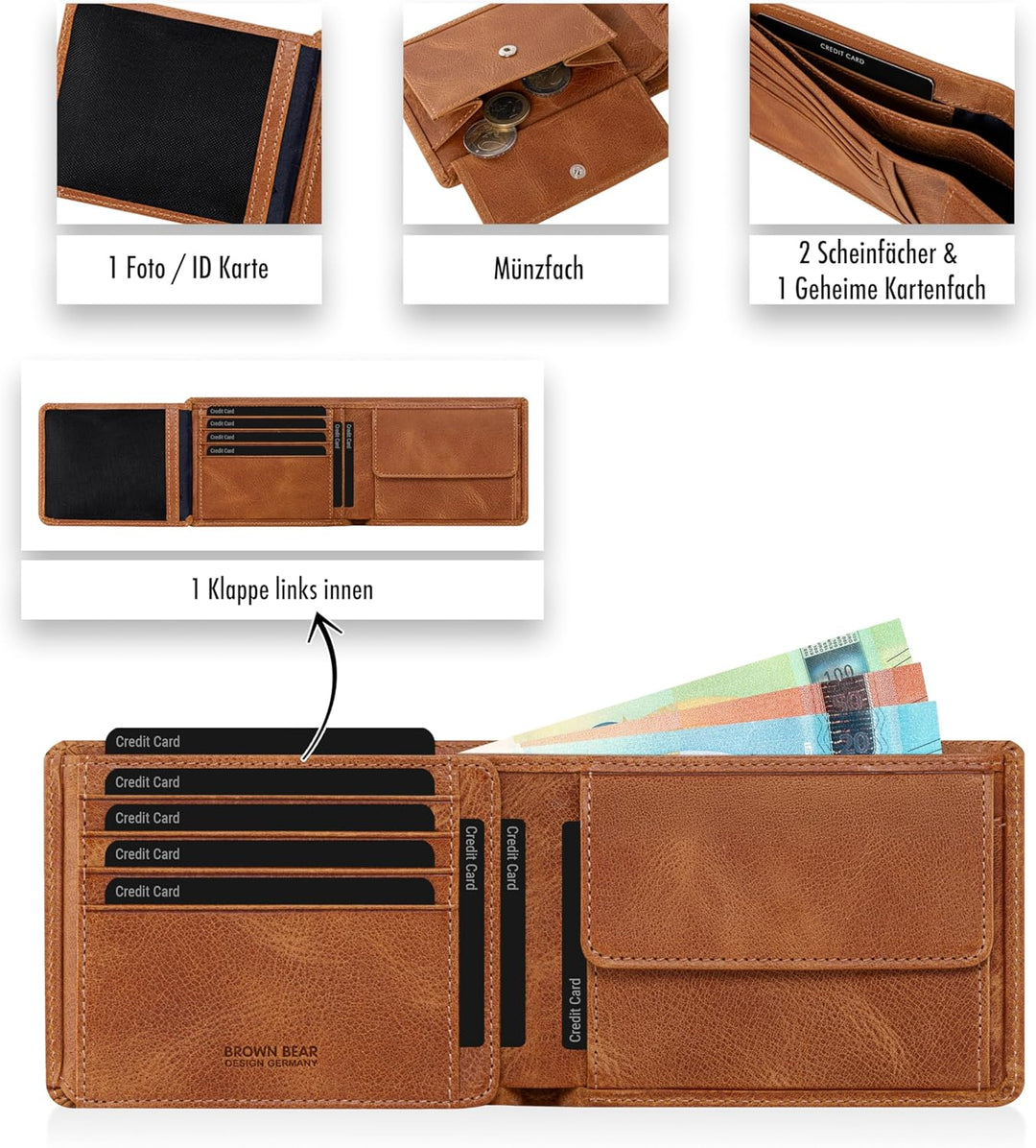 BROWN BEAR Geldbörse Herren Leder mit Münzfach gross | Vintage Braun | RFID-Schutz | Echtleder Porte