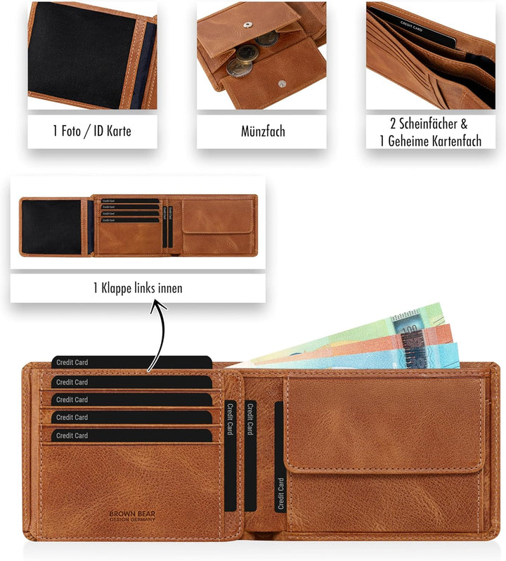 BROWN BEAR Geldbörse Herren Leder mit Münzfach gross | Vintage Braun | RFID-Schutz | Echtleder Porte