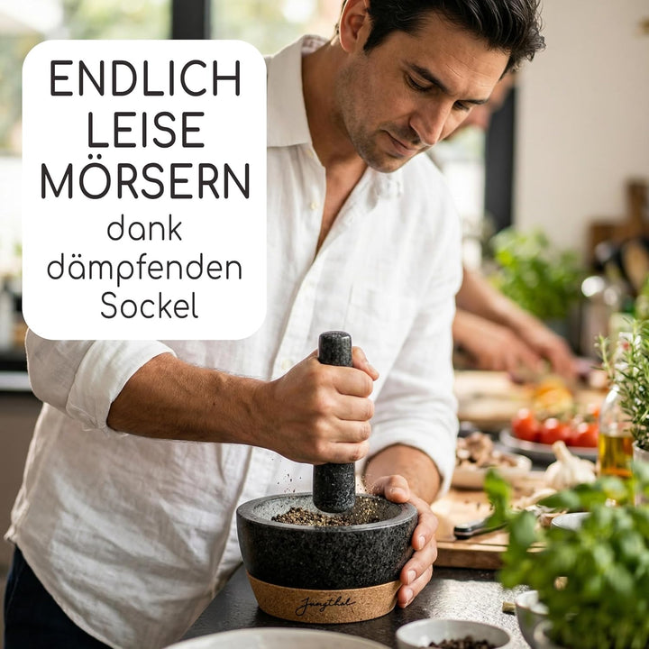 Mörser mit Stössel im Set | Granit | Korkbasis | Korkdeckel | XXL gross für Gewürze & Kräuter
