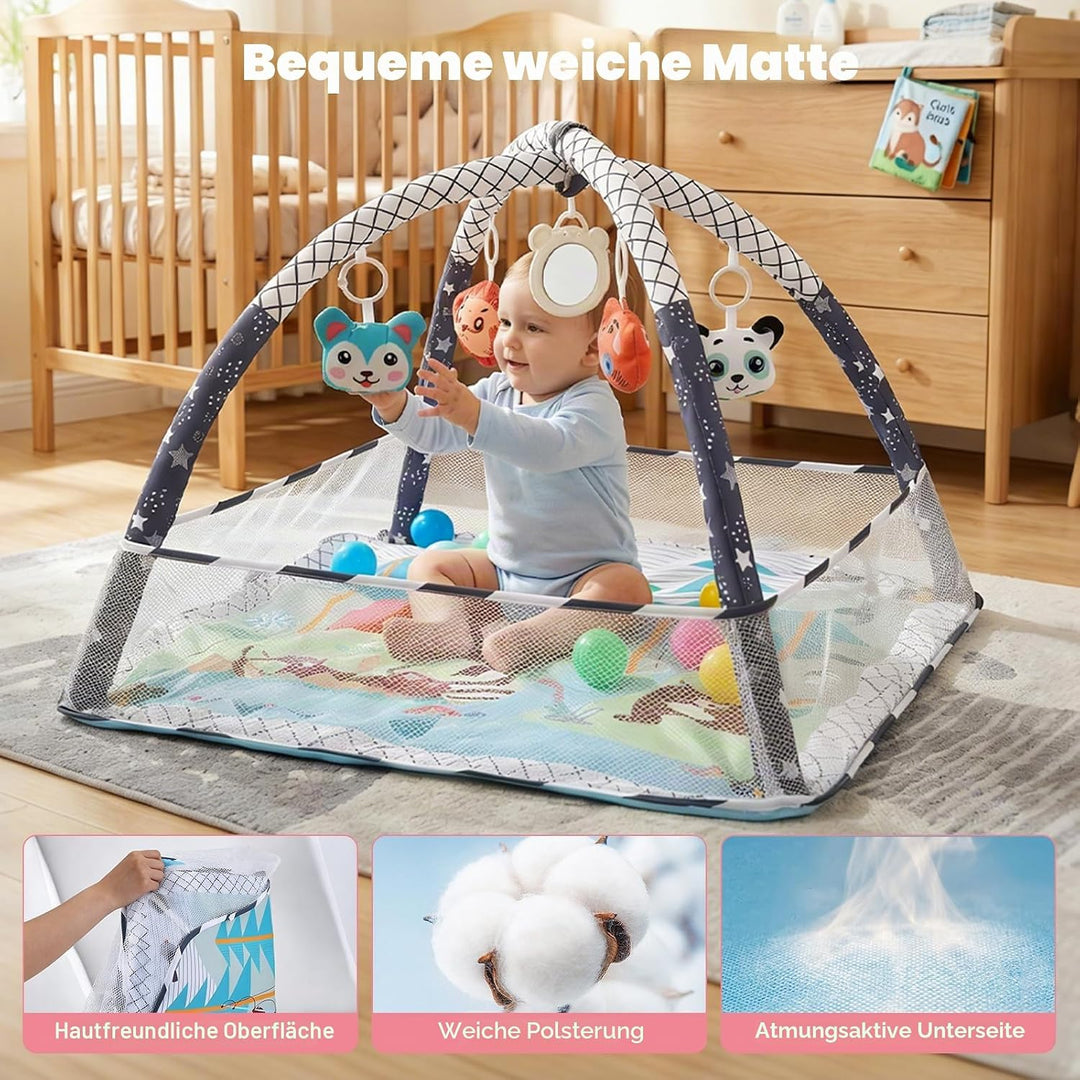 Baby-Spielmatte &amp; Activity-Center mit integriertem Schutzrand, Spielzeug, Spiegel und Bällen – Boden