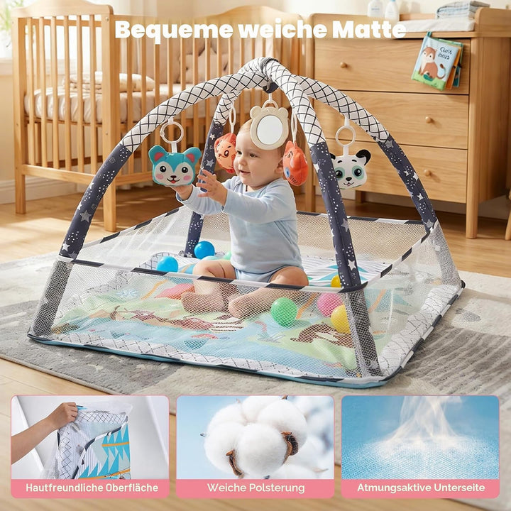 Baby-Spielmatte &amp; Activity-Center mit integriertem Schutzrand, Spielzeug, Spiegel und Bällen – Boden