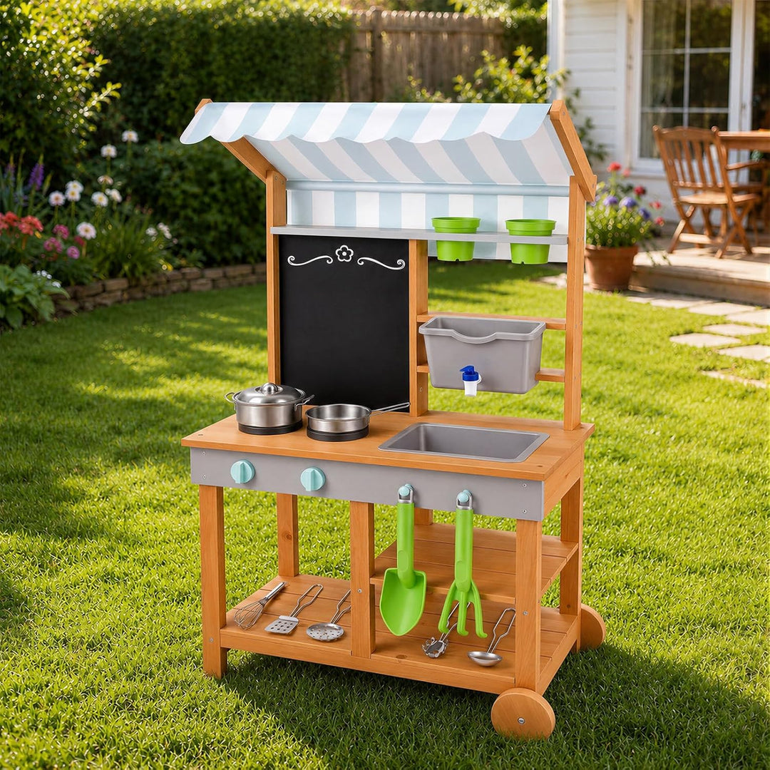 Matschküche Kinder Outdoor Holz mit Wasserdichtem Dach & Rädern, Kinderküche mit Wassertank Wasserha