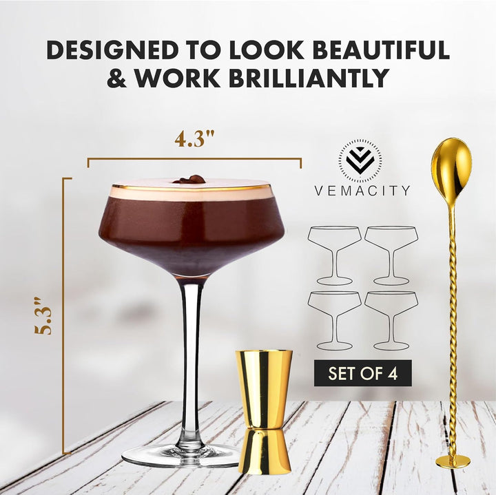 Luxus Martini Gläser Cocktailgläser Set von 4 mit Gold Rändern | Inklusive Gold Cocktail Löffel, Aus