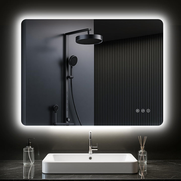 Badspiegel mit Beleuchtung 80x60cm, LED Spiegel Bad mit Antibeschlag, 3 Lichtfarben, Dimmbar, Rechte