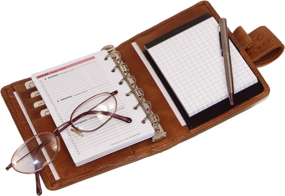 ALMADIH Leder A7 Terminplaner Kalender 2024 Notizblock Premium Rindsleder BD in Geschenkbox Ledermap