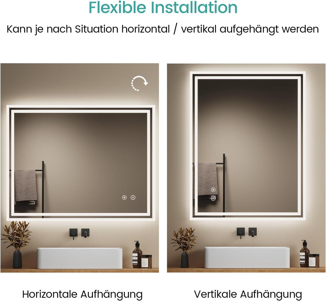 EMKE Badspiegel mit Beleuchtung 90x70cm, Badezimmerspiegel mit Touch, Antibeschlag, Kaltweiss Licht