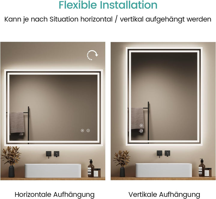EMKE Badspiegel mit Beleuchtung 90x70cm, Badezimmerspiegel mit Touch, Antibeschlag, Kaltweiss Licht