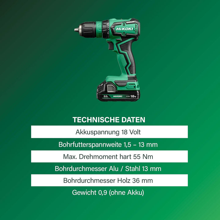 HIKOKI Akku Bohrschrauber, Quick DS18DDQ (18V, 2x2,0 Ah Li-ion Akku, Max. Festdrehmoment (hart): 55