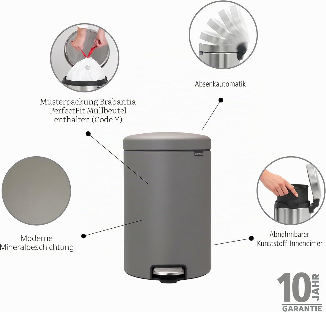 Brabantia Treteimer newIcon, 20 L 20 Liter Mineral Concrete Grey, 20 Liter Mineral Concrete Grey