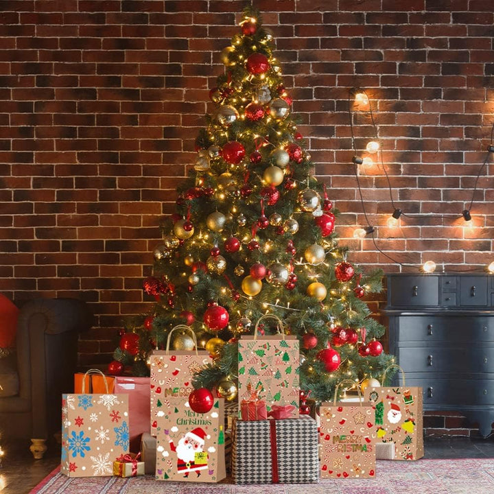 12 Stück Geschenktüten Weihnachten，Papiertüten Weihnachten mit Griff, Kraftpapier Weihnachtstüten fü