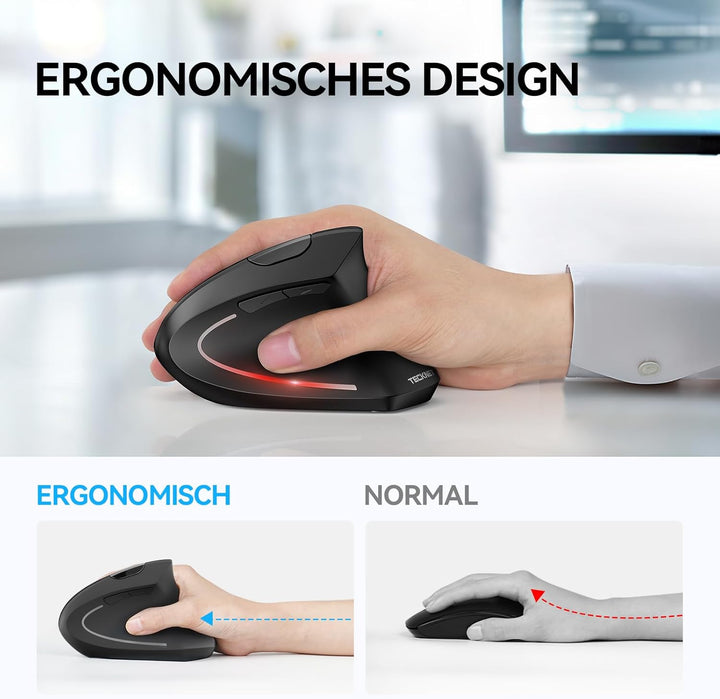 TECKNET Ergonomische Maus, Kabellose Bluetooth Vertikale Maus(BT 5.0+BT 3.0+2.4G), 6 Einstellstufen