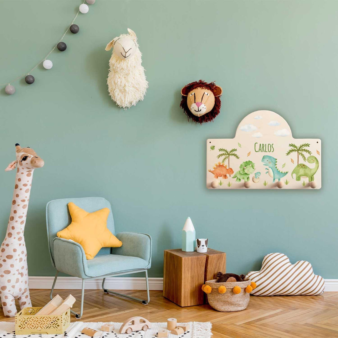 GRAVURZEILE Personalisierte Kindergarderobe - Dino - Personalisiert mit Name - Garderobe aus Holz mi