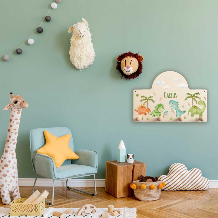 GRAVURZEILE Personalisierte Kindergarderobe - Dino - Personalisiert mit Name - Garderobe aus Holz mi