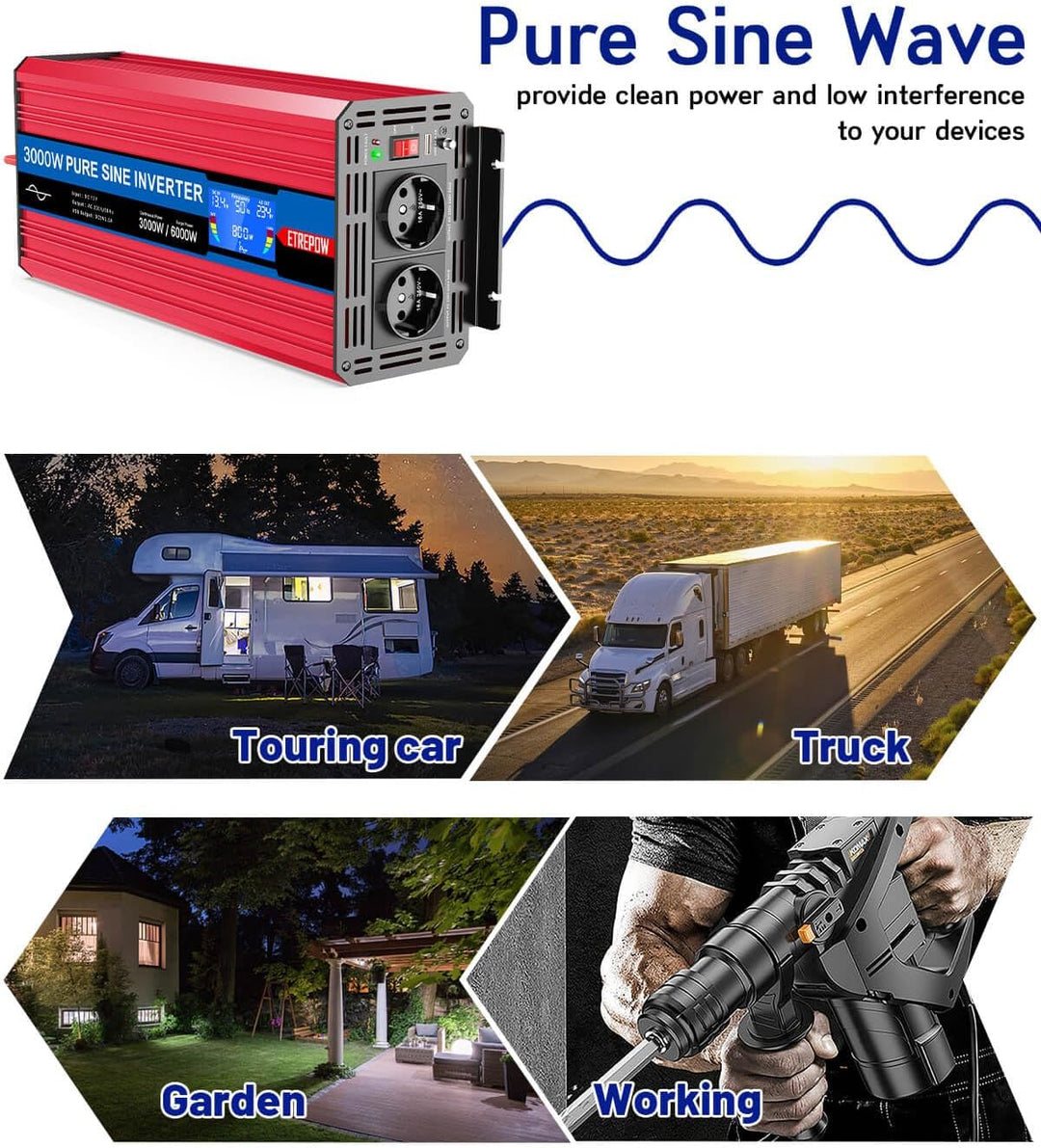 3000W/6000W Wechselrichter 12V auf 230V Reiner Sinus Spannungswandler Konverter Pure Sine Wave Power