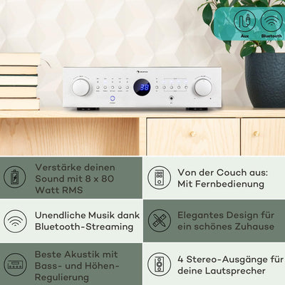 Auna Verstärker, HiFi Stereo Mini Verstärker, HiFi-Verstärker mit Bass & Treble Regler, 4 Kanal Audi