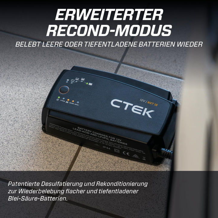 CTEK NXT 15 Smart-Batterieladegerät 12 V, 15 A, Lithium-kompatibel, Rekonditionierungs- und Versorgu
