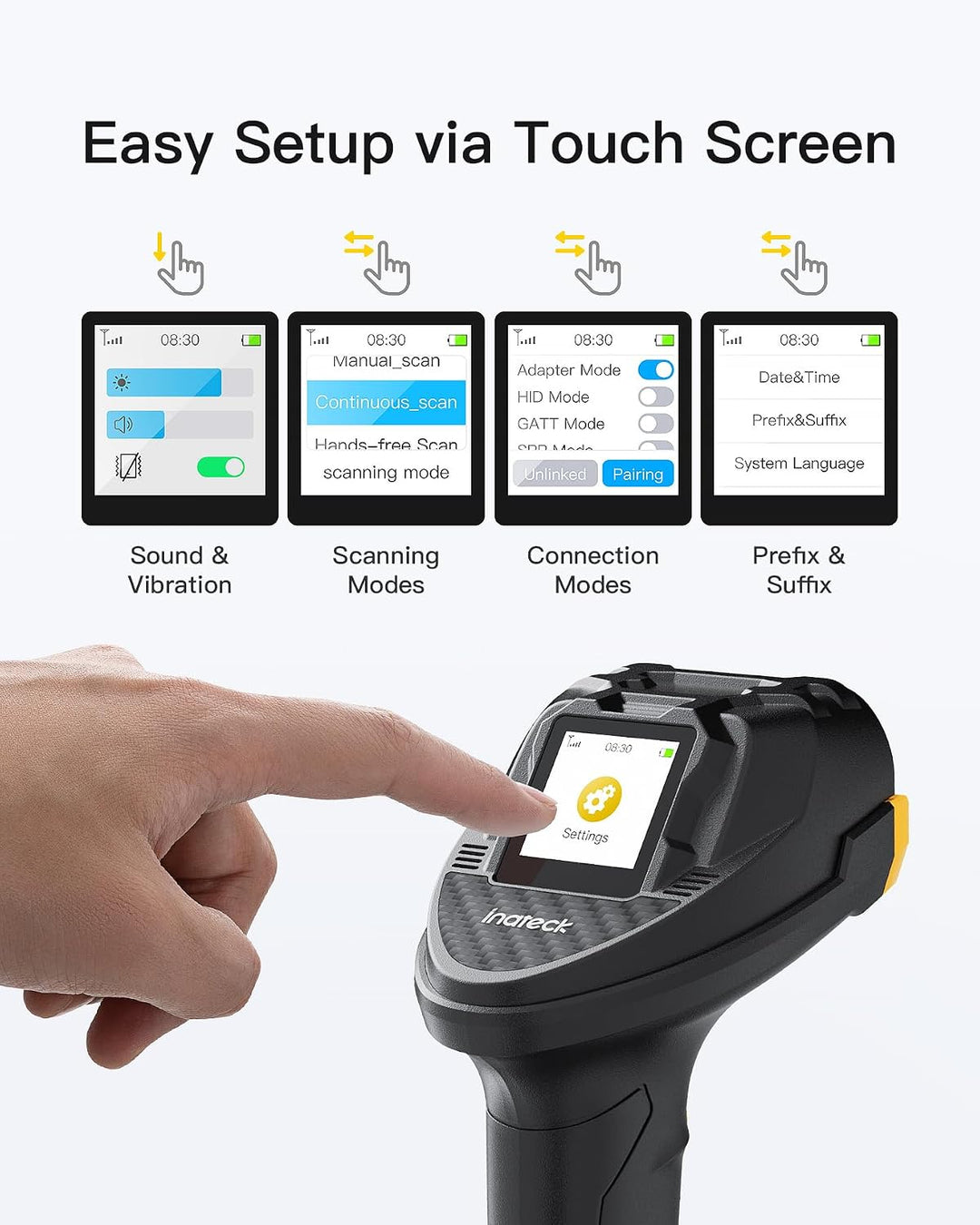 Inateck Barcode Scanner Bluetooth, 2D 1D Wireless Handheld Scanner, QR Code Scanner, mit Touchscreen