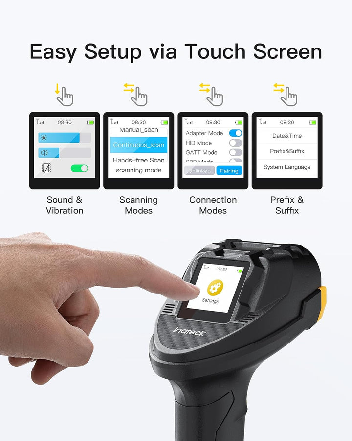 Inateck Barcode Scanner Bluetooth, 2D 1D Wireless Handheld Scanner, QR Code Scanner, mit Touchscreen