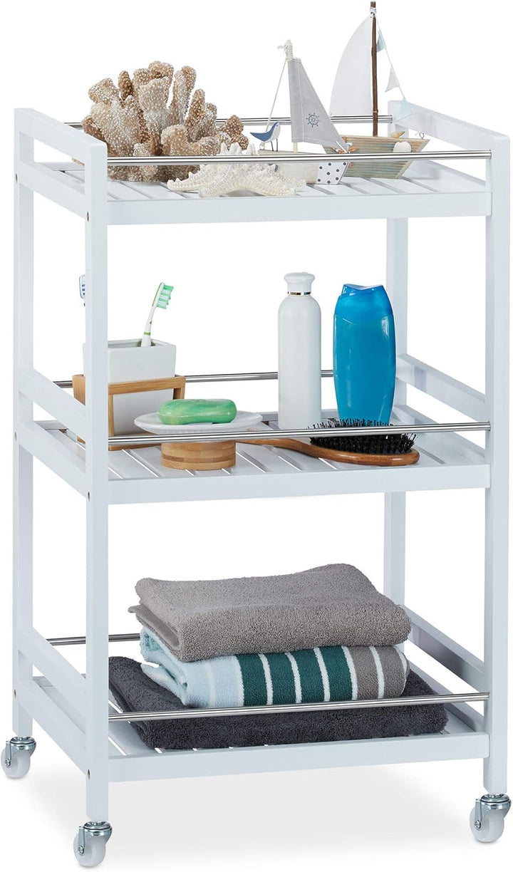 Relaxdays Servierwagen Bambus, 3 Ablagen, 360° drehbare Rollen, Edelstahl-Stangen, Küchenwagen, HBT: