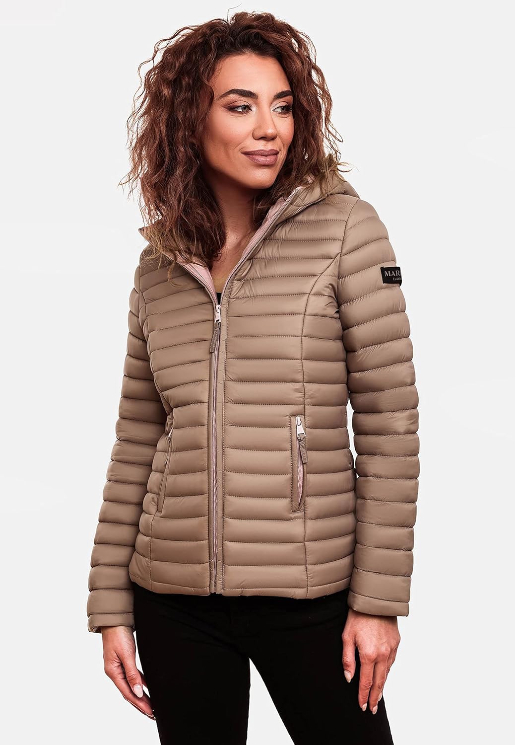 MARIKOO Damen leichte Übergangsjacke Steppjacke mit Kapuze Asraa XS-3XL XXL Taupe, XXL Taupe