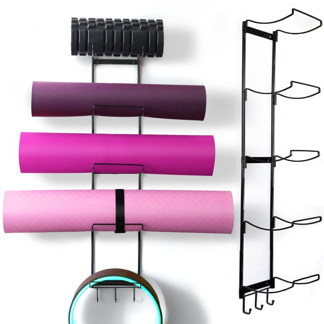 Yogamattenhalter mit 5 Ebenen, Wandhalterung, Metall-Aufbewahrungsregal für Yogamatten/Räder, Schaum