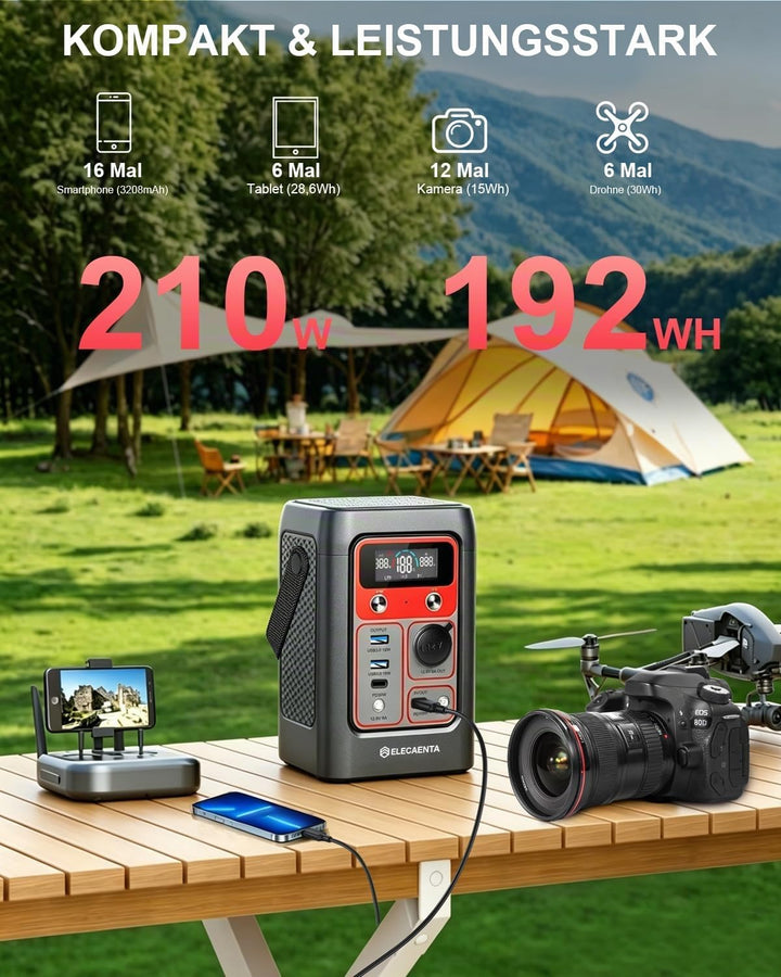 ELECAENTA Tragbare Powerstation 192Wh LiFePO4-Akku Solar Generatoren