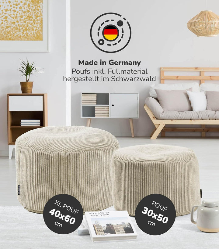mokebo® Pouf, Hocker o. Sitzhocker aus Cord 30x50 cm 'Der Faule Lenz', Bodenkissen in Beige, Fusshoc